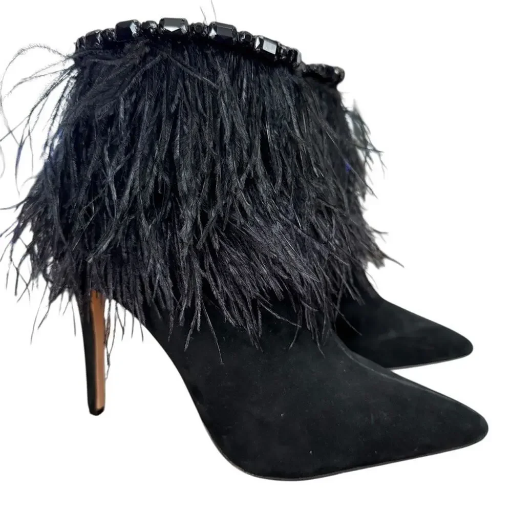 Jessica Simpson Piume Feather Black High Heel Ankle Boots Booties Shoes sz 10